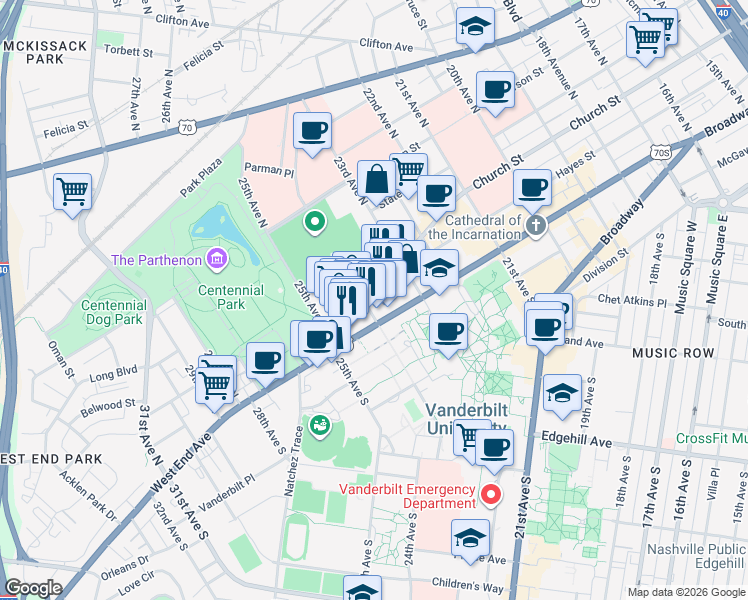map of restaurants, bars, coffee shops, grocery stores, and more near 2322 West End Avenue in Nashville