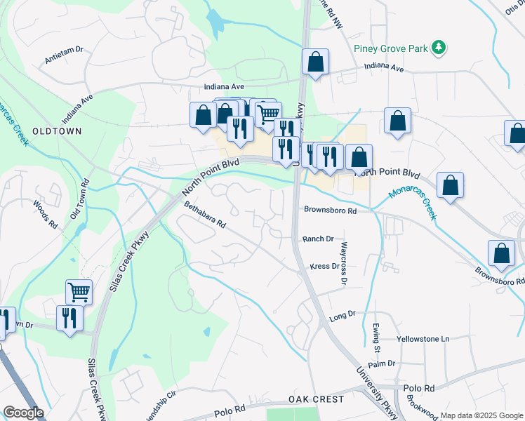 map of restaurants, bars, coffee shops, grocery stores, and more near 623 Timberline Ridge Lane in Winston-Salem