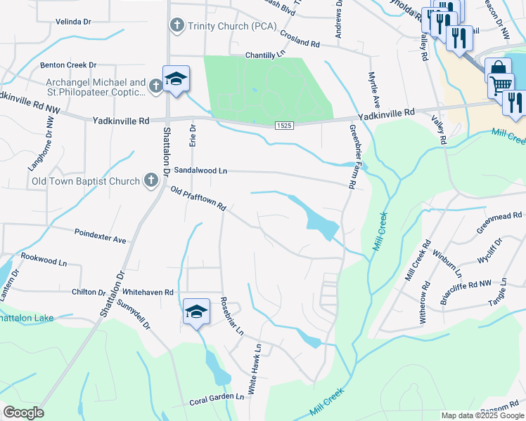 map of restaurants, bars, coffee shops, grocery stores, and more near 125 Rosedown Court in Winston-Salem