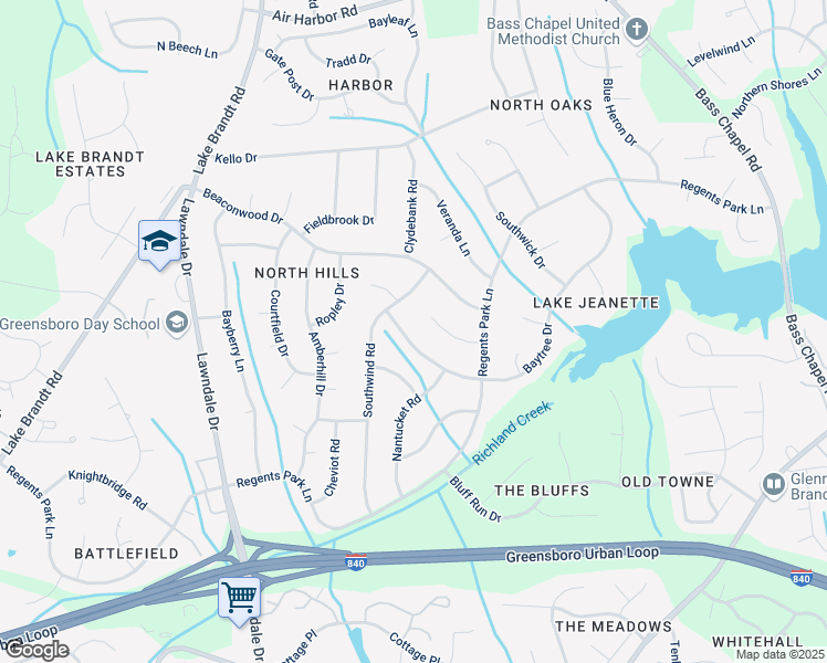 map of restaurants, bars, coffee shops, grocery stores, and more near 2614 Baytree Drive in Greensboro