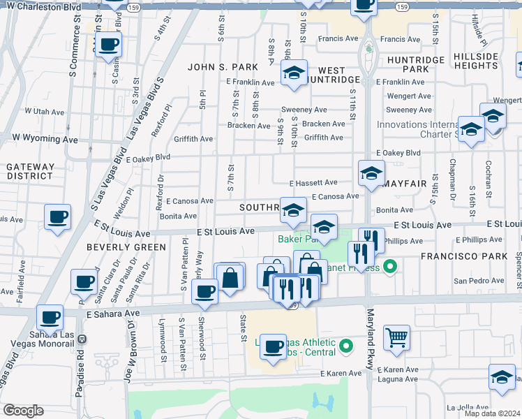 map of restaurants, bars, coffee shops, grocery stores, and more near 813 Bonita Avenue in Las Vegas