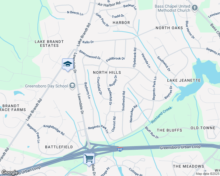 map of restaurants, bars, coffee shops, grocery stores, and more near 5400 Ropley Drive in Greensboro