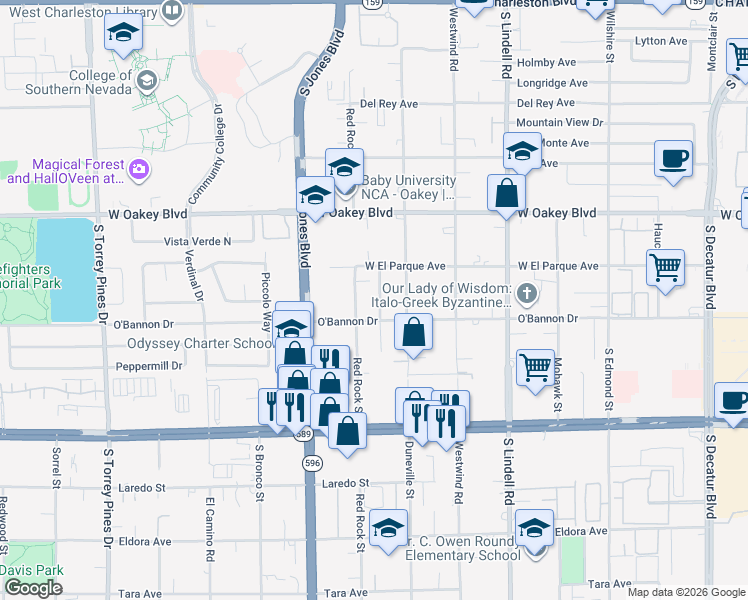 map of restaurants, bars, coffee shops, grocery stores, and more near 2085 Saratoga Street in Las Vegas