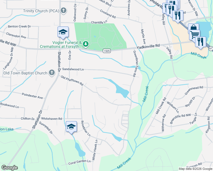 map of restaurants, bars, coffee shops, grocery stores, and more near 161 Wing Haven Circle in Winston-Salem