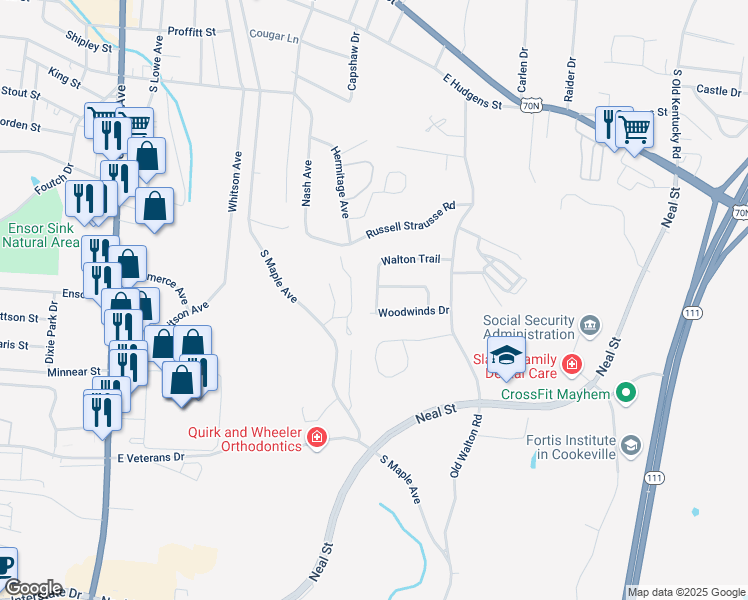 map of restaurants, bars, coffee shops, grocery stores, and more near 885 Walton Trail in Cookeville