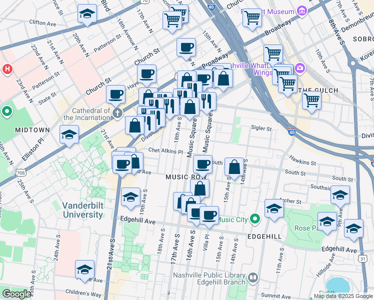 map of restaurants, bars, coffee shops, grocery stores, and more near in Nashville