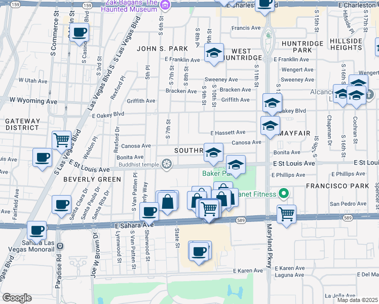 map of restaurants, bars, coffee shops, grocery stores, and more near 813 Bonita Avenue in Las Vegas