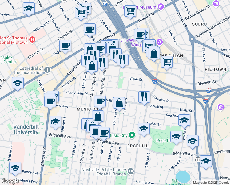 map of restaurants, bars, coffee shops, grocery stores, and more near 1 Music Circle South in Nashville