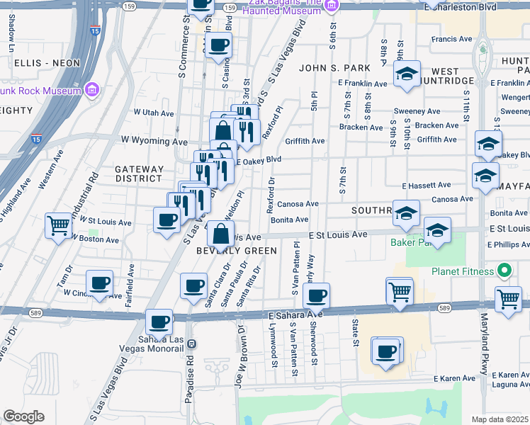 map of restaurants, bars, coffee shops, grocery stores, and more near 1904 Rexford Drive in Las Vegas