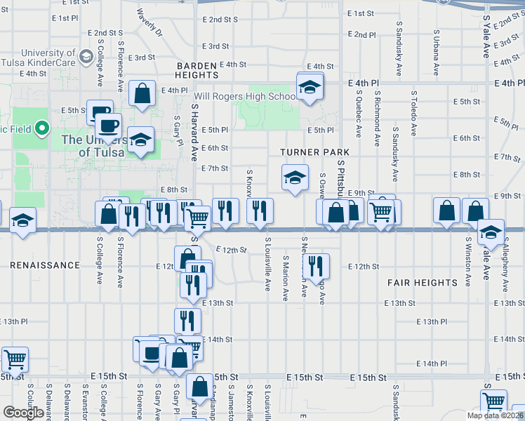 map of restaurants, bars, coffee shops, grocery stores, and more near 933 South Louisville Avenue in Tulsa