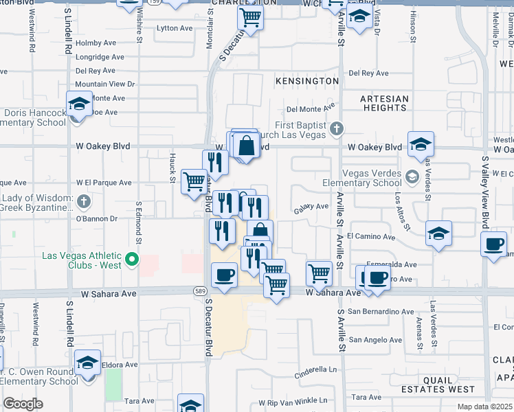map of restaurants, bars, coffee shops, grocery stores, and more near 4720 O'Bannon Drive in Las Vegas