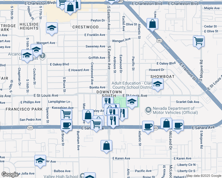 map of restaurants, bars, coffee shops, grocery stores, and more near 1916 South Eastern Avenue in Las Vegas