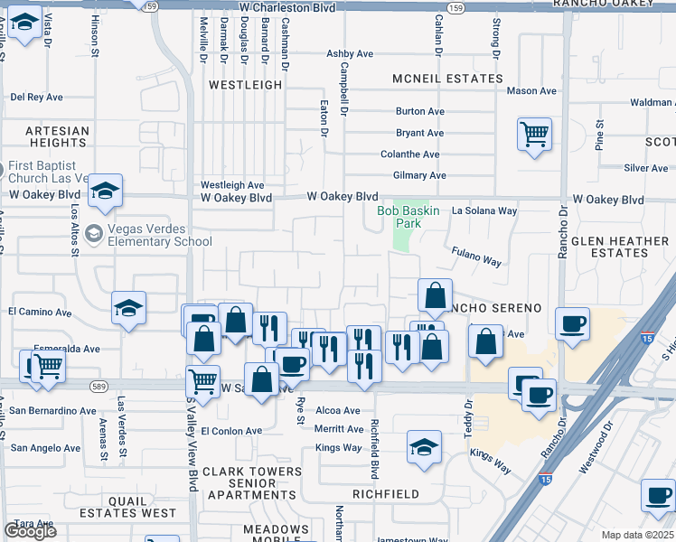 map of restaurants, bars, coffee shops, grocery stores, and more near 2100 Calle de Espana in Las Vegas