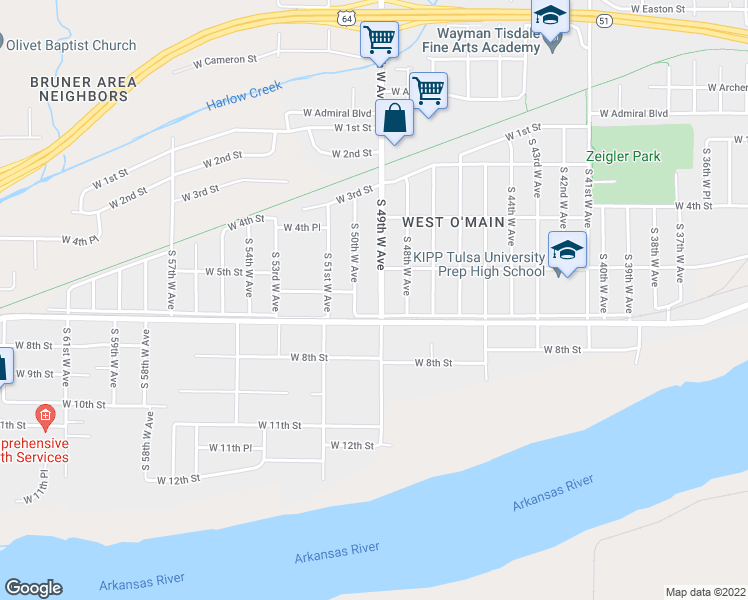 map of restaurants, bars, coffee shops, grocery stores, and more near 532 South 49th West Avenue in Tulsa