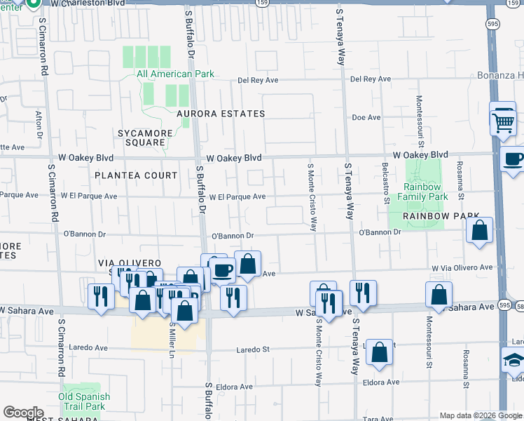 map of restaurants, bars, coffee shops, grocery stores, and more near 7518 Yonie Court in Las Vegas