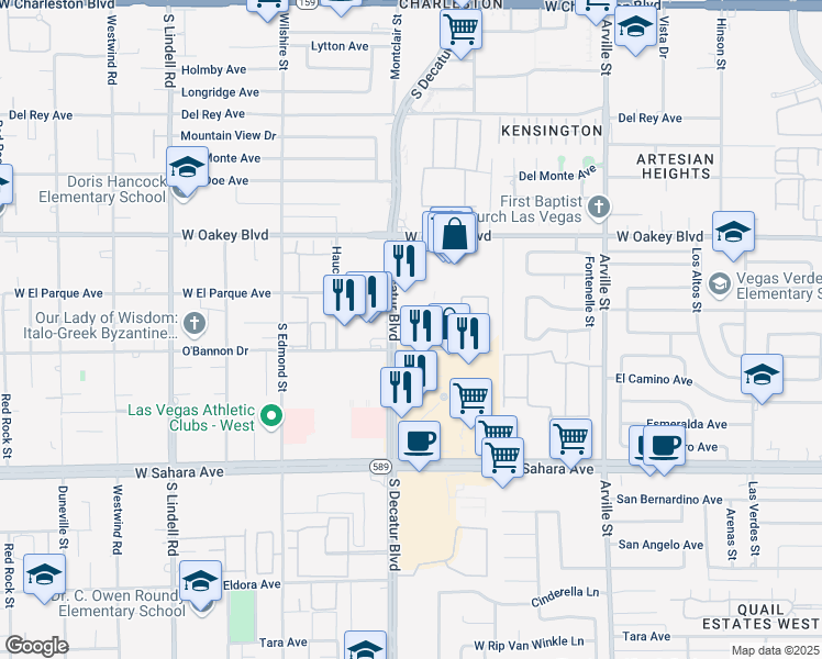 map of restaurants, bars, coffee shops, grocery stores, and more near 2100 South Decatur Boulevard in Las Vegas