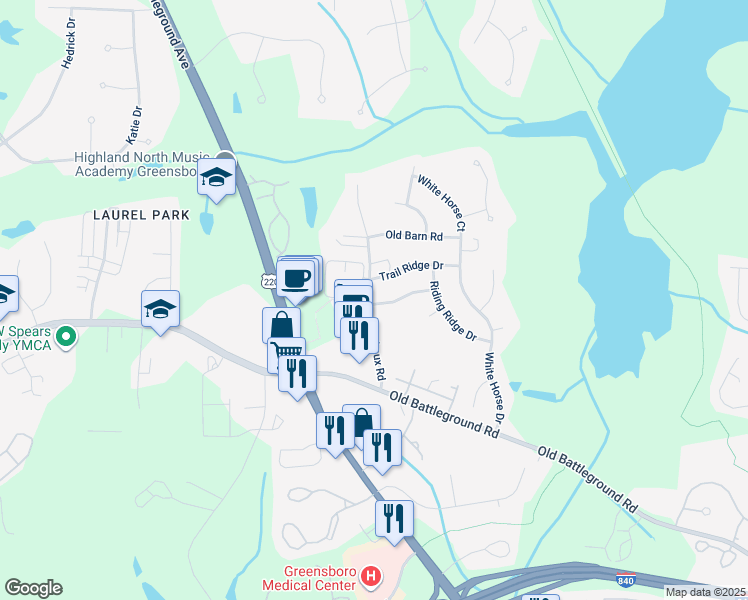 map of restaurants, bars, coffee shops, grocery stores, and more near 3420 Derbywood Drive in Greensboro