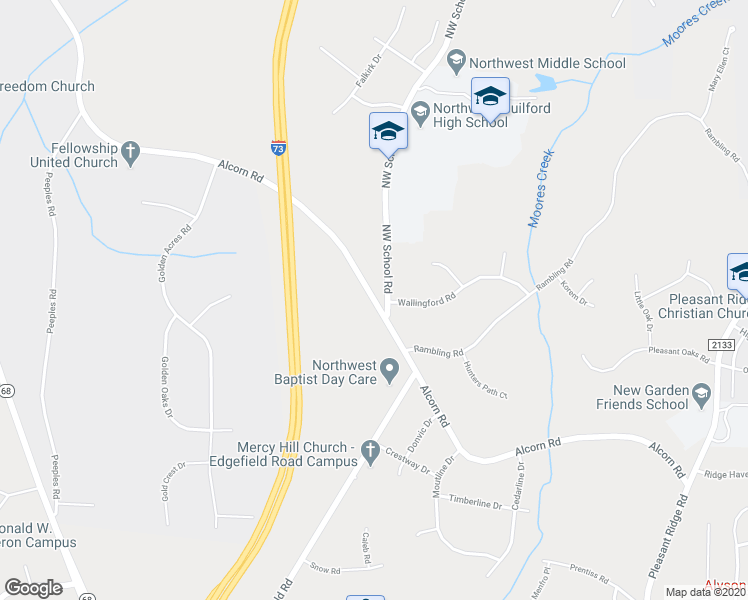 map of restaurants, bars, coffee shops, grocery stores, and more near 7704 Alcorn Road in Greensboro