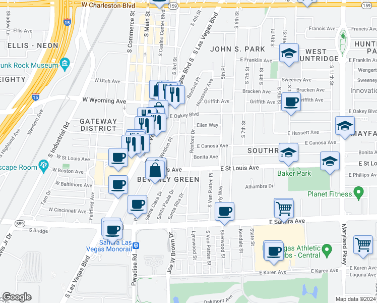 map of restaurants, bars, coffee shops, grocery stores, and more near 1909 Santa Paula Drive in Las Vegas
