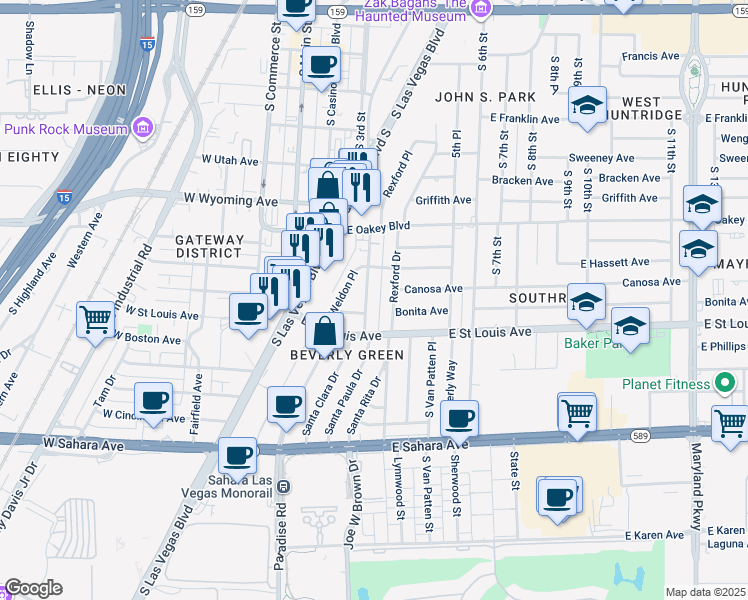map of restaurants, bars, coffee shops, grocery stores, and more near 1909 Santa Paula Drive in Las Vegas