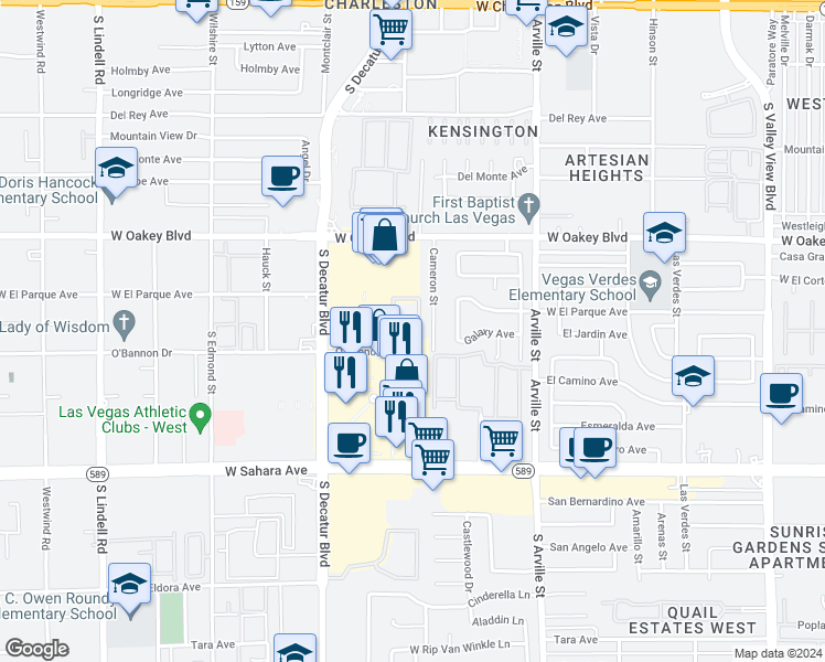 map of restaurants, bars, coffee shops, grocery stores, and more near 4714 O'Bannon Drive in Las Vegas