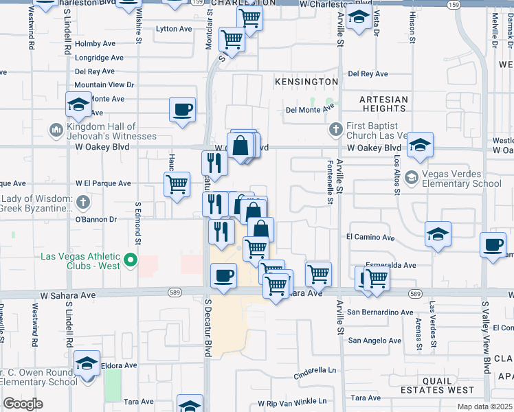 map of restaurants, bars, coffee shops, grocery stores, and more near 4714 O'Bannon Drive in Las Vegas
