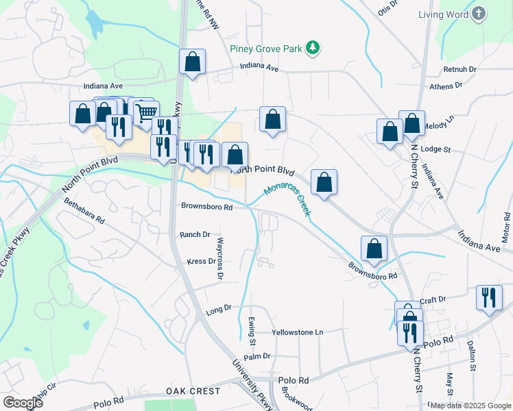 map of restaurants, bars, coffee shops, grocery stores, and more near 4295 Brownsboro Road in Winston-Salem