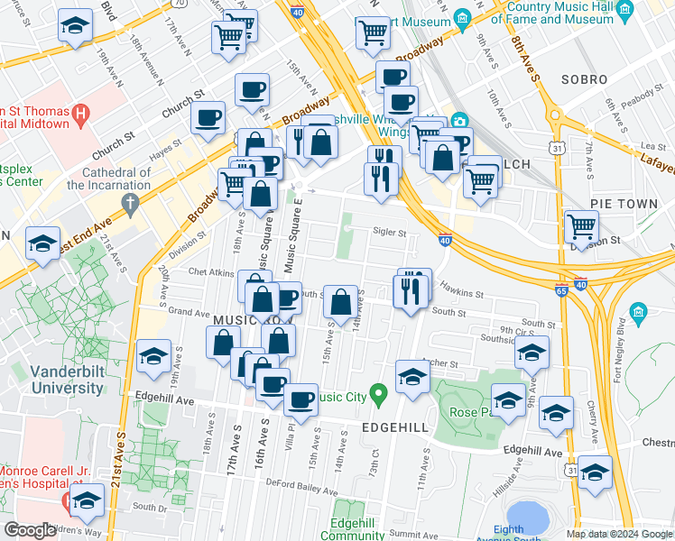 map of restaurants, bars, coffee shops, grocery stores, and more near 1501 Hawkins Street in Nashville