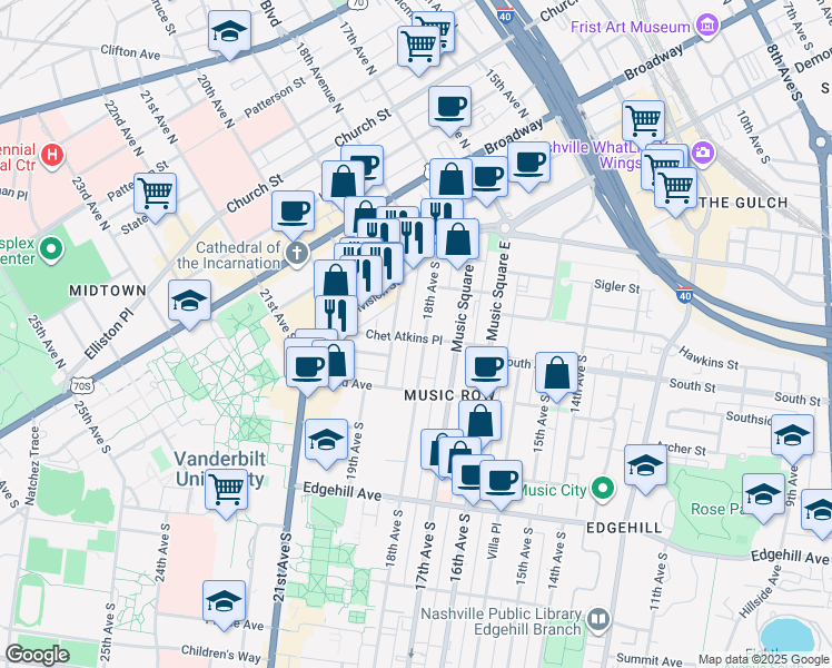 map of restaurants, bars, coffee shops, grocery stores, and more near 820 18th Avenue South in Nashville