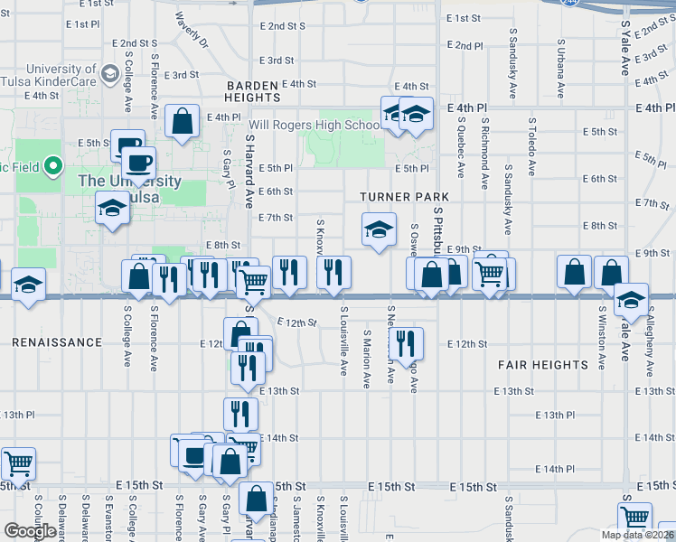 map of restaurants, bars, coffee shops, grocery stores, and more near 933 South Louisville Avenue in Tulsa