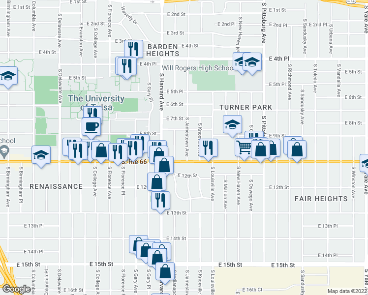 map of restaurants, bars, coffee shops, grocery stores, and more near 844 South Jamestown Avenue in Tulsa