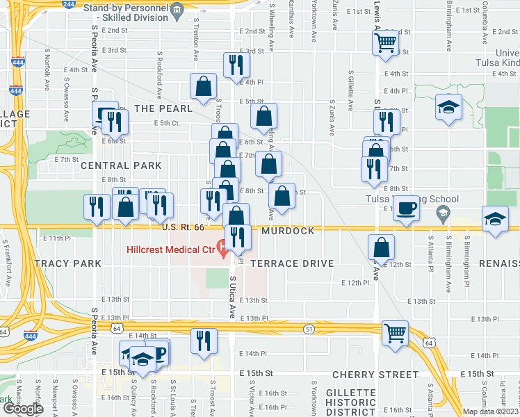 map of restaurants, bars, coffee shops, grocery stores, and more near 828 South Wheeling Avenue in Tulsa
