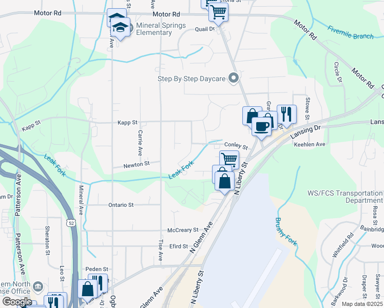 map of restaurants, bars, coffee shops, grocery stores, and more near 4349 Grove Avenue in Winston-Salem