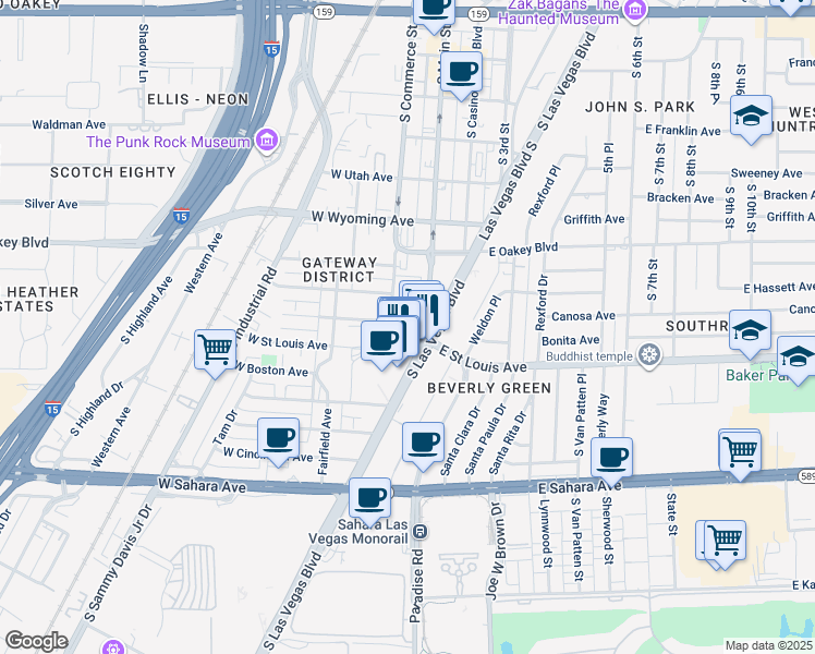 map of restaurants, bars, coffee shops, grocery stores, and more near 1954 South Main Street in Las Vegas