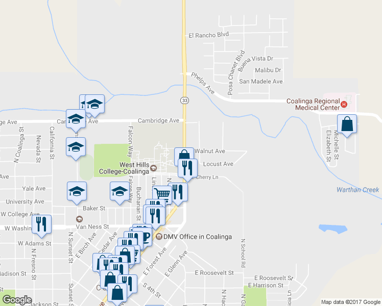 map of restaurants, bars, coffee shops, grocery stores, and more near 100 East Walnut Avenue in Coalinga