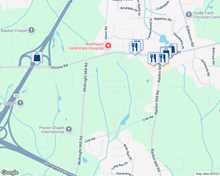map of restaurants, bars, coffee shops, grocery stores, and more near 2211 Ram Road in Greensboro