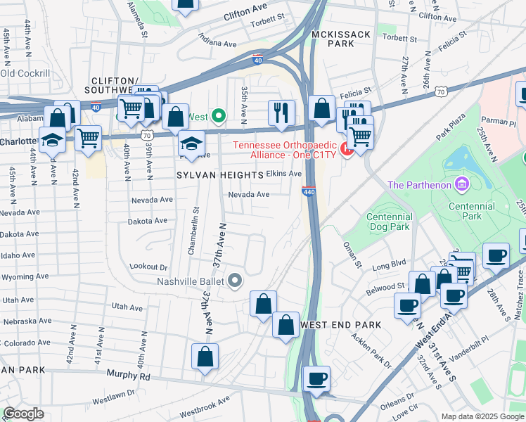 map of restaurants, bars, coffee shops, grocery stores, and more near 3429 Dakota Avenue in Nashville