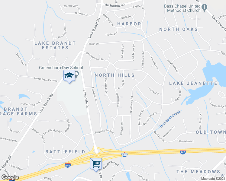 map of restaurants, bars, coffee shops, grocery stores, and more near 5401 Amberhill Drive in Greensboro