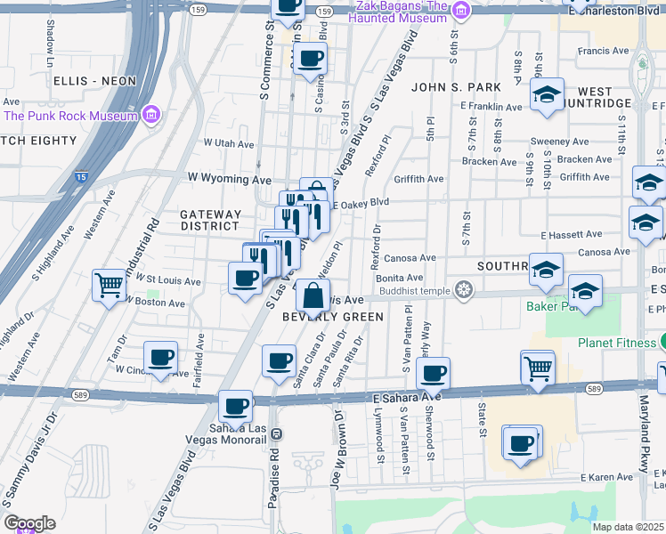 map of restaurants, bars, coffee shops, grocery stores, and more near 1905 Weldon Place in Las Vegas