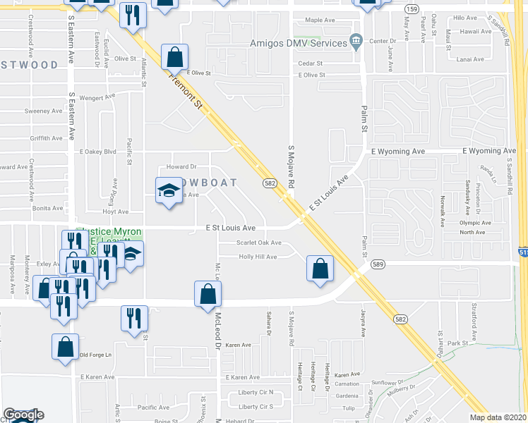 map of restaurants, bars, coffee shops, grocery stores, and more near 2909 Howard Drive in Las Vegas