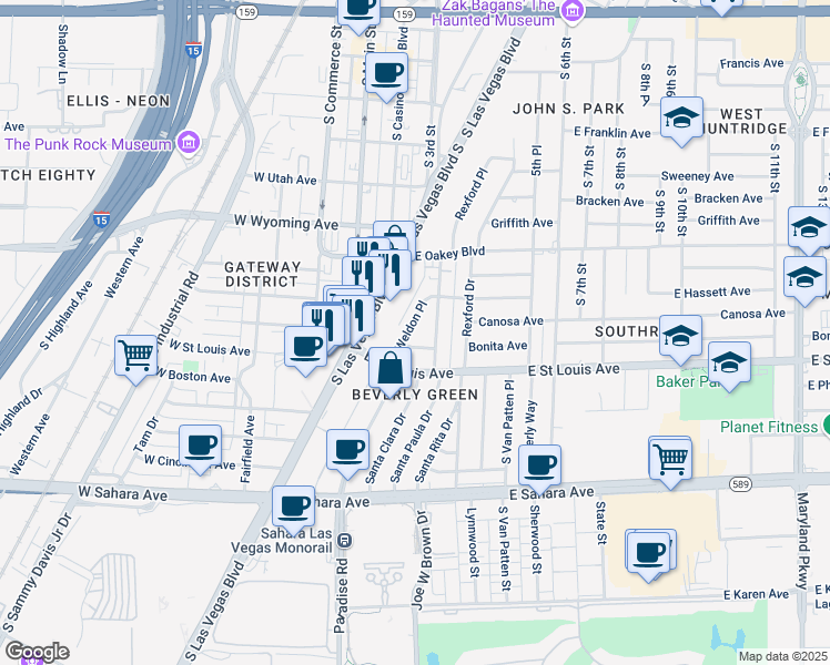 map of restaurants, bars, coffee shops, grocery stores, and more near 1905 Weldon Place in Las Vegas