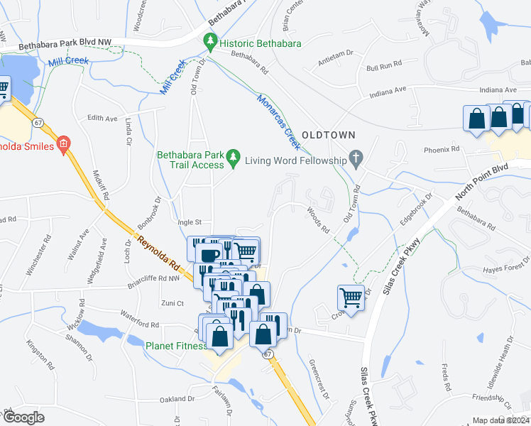 map of restaurants, bars, coffee shops, grocery stores, and more near 1580 Woods Road in Winston-Salem