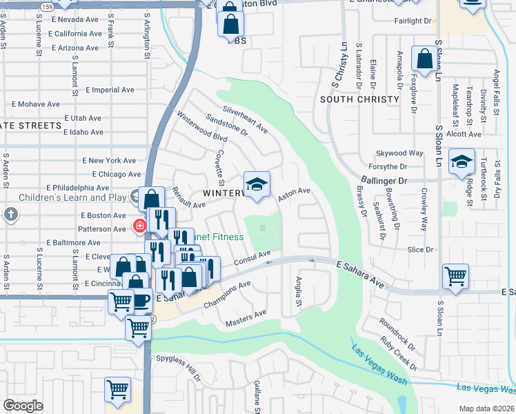 map of restaurants, bars, coffee shops, grocery stores, and more near 2001 Winterwood Boulevard in Las Vegas