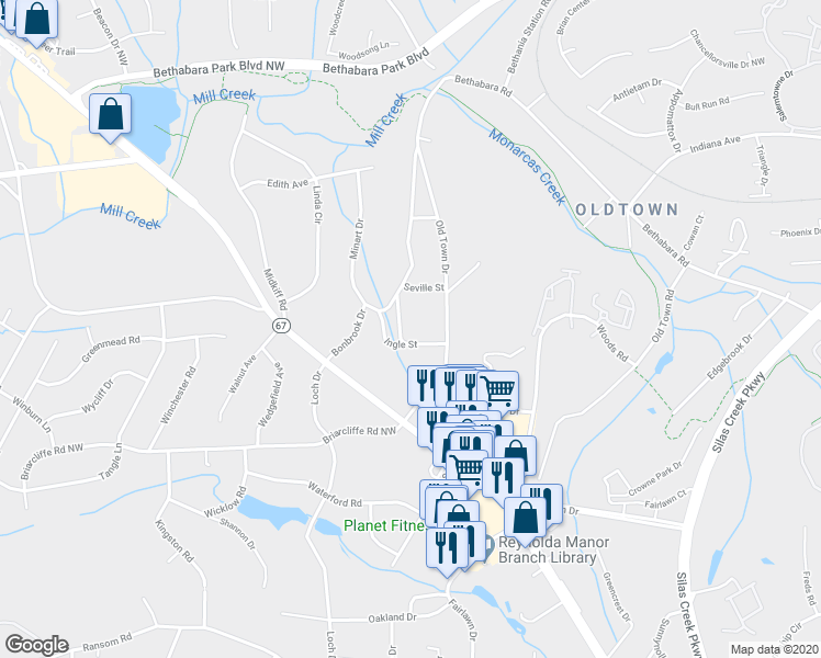 map of restaurants, bars, coffee shops, grocery stores, and more near 3305 Bonbrook Circle in Winston-Salem