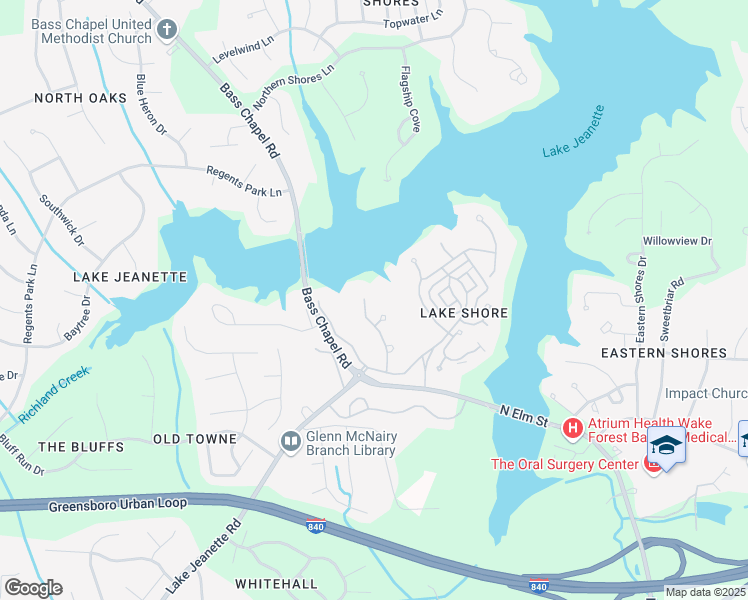 map of restaurants, bars, coffee shops, grocery stores, and more near 22 Rosebay Lane in Greensboro