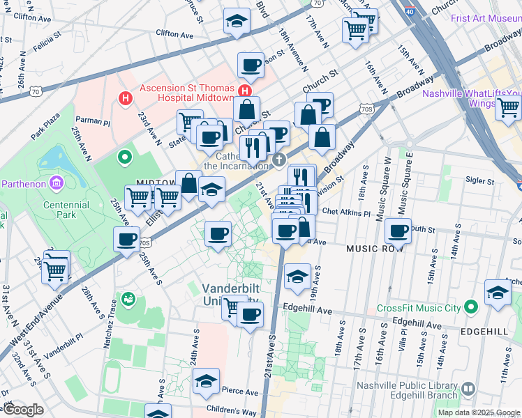 map of restaurants, bars, coffee shops, grocery stores, and more near in Nashville