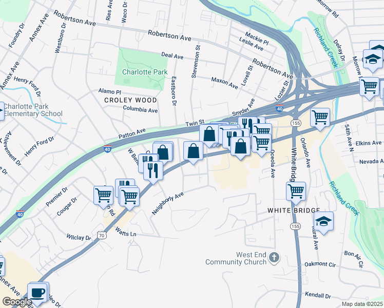 map of restaurants, bars, coffee shops, grocery stores, and more near 6008 Charlotte Pike in Nashville