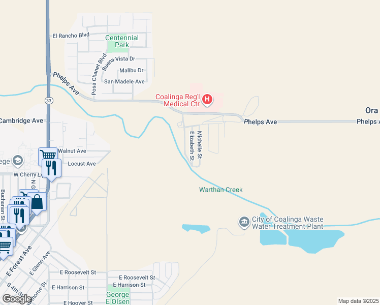 map of restaurants, bars, coffee shops, grocery stores, and more near 1371 Michelle Street in Coalinga