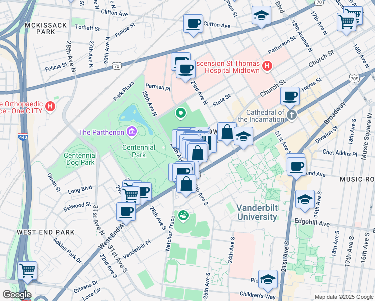 map of restaurants, bars, coffee shops, grocery stores, and more near 203 Reidhurst Avenue in Nashville