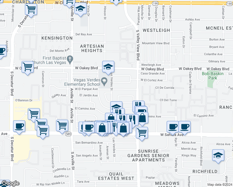 map of restaurants, bars, coffee shops, grocery stores, and more near 2008 El Mirador Street in Las Vegas